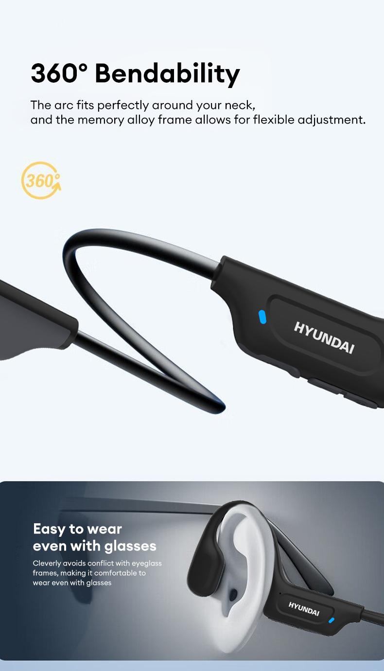 HYUNDAI G06 Bone Conduction Neckband Wireless Earphones with Bluetooth 5.4, Waterproof Sports Design, 360° Flexible Bending, Lightweight & Comfortable Fit, Long Battery Life, Wireless Headphones for Music, Calls & Sports, Compatible with Android & iOS