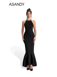 ASANDY Black Rhinestone Halter Neck Mermaid Maxi Dress Fitted Elegant Gown for Wedding Guest Evening Date Night Special Occasions