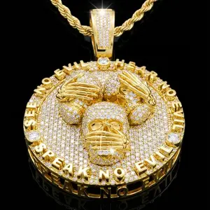 Iced Out 3 Skulls Large Pendant Necklace | See No Evil Hear Speak No Evil Charm | Includes 4mm Rope Chain | 18K Gold Silver Rose Gold Plated Dark Aesthetic Jewelry For American Men | Vintage Hip Hop Luxury Statement Accessory