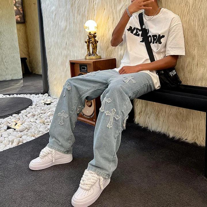 Sopula Studio Men's Streetwear Denim Cross Embroidery Jeans Ripped Straight Leg Blue Skateboard trousers