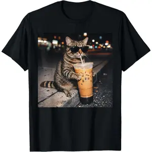 Men's cat drinking iced coffee Graphic T-Shirt - Short Sleeve Crew Neck Regular Fit Casual Wear | Soft & Breathable Fabric, Durable Print, Everyday Comfort, Machine Washable