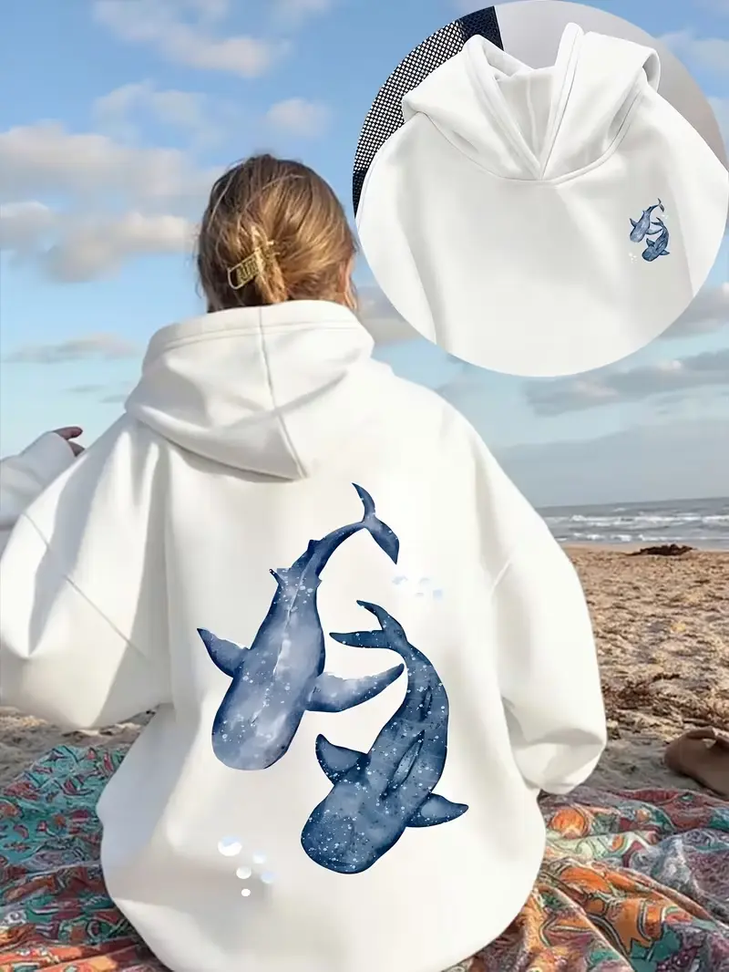 Watercolor Whale Shark Double‑Sided Chest & Back Print Fleece Hoodie, Ocean Marine Life Pullover Hooded Sweatshirt, Daily Holiday Gift