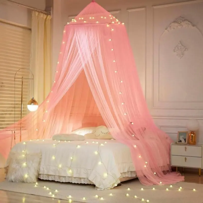 Pink Mosquito Netting Curtains with Light Strips - Eco-Friendly Dome Bed Curtain, Foldable, No Installation Needed, Night Fluorescent, Insect-Proof, Home Care Dust Cover, Pink With Light