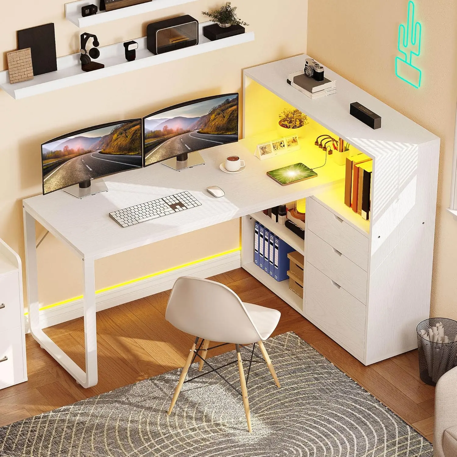 Yitahome L Shaped Desk with Power Outlets & LED Lights & File Cabinet, 55" Corner Computer Desk with 3 Drawers & 3 Storage Shelves, Home Office Desk with Bookshelf