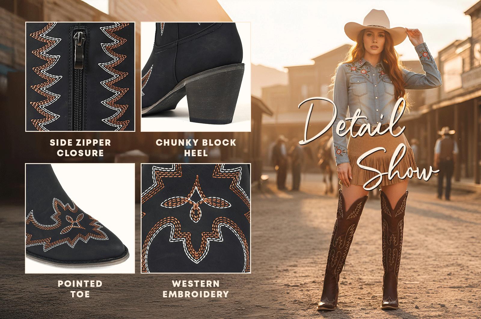 CELNEPHO Women Cowboy Boots Western Embroidery Booties Pointed Toe Over the Knee Boots Chunky Block Heel Side Zipper Closure Easy Pull on Cosplay Country Wedding Gift Festival Dress Shoes