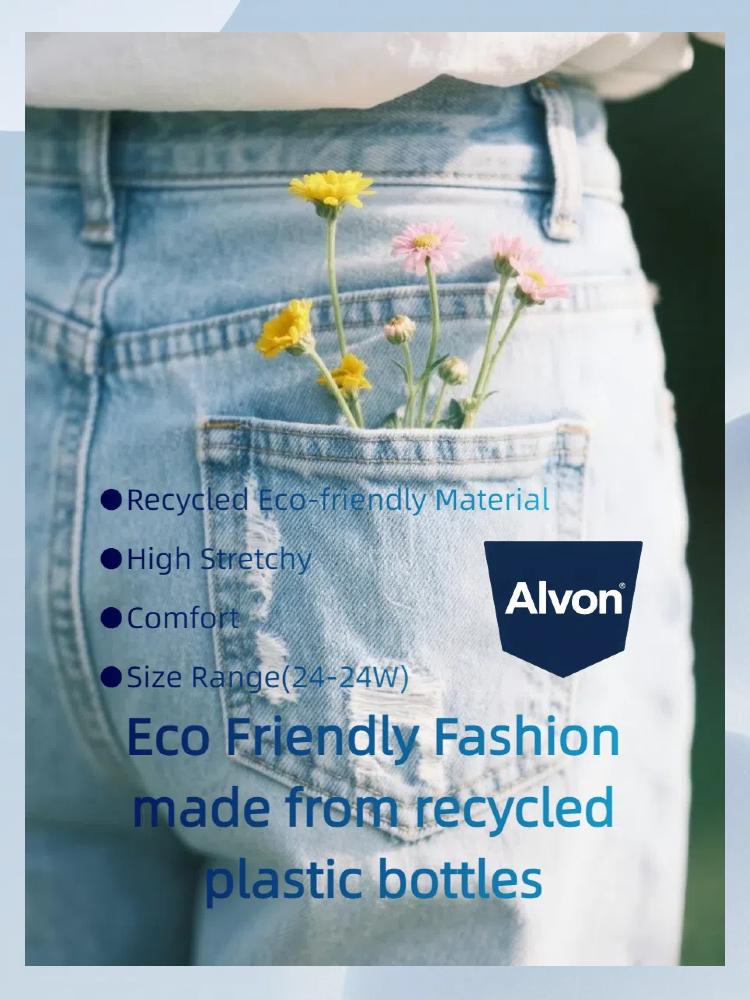 ALVON Women's Stretch Denim Pants Recycled High Waist Wide Leg Jeans Classic Streetwear Comfort Baggy Trouser Maxi Pocket Fitted