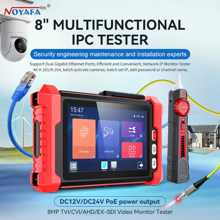 [2026 New] Noyafa NF-IPC728HSO Multifunctional CCTV Tester – 8" Full-HD IPS Display, 8K UHD Cameras Support, Dual Gigabit Ethernet Ports, Various Network Tools, Wi-Fi Analysis, TDR Cable Test, PoE, OPM & VFL for Security Monitoring & Cabling Projects, Rec
