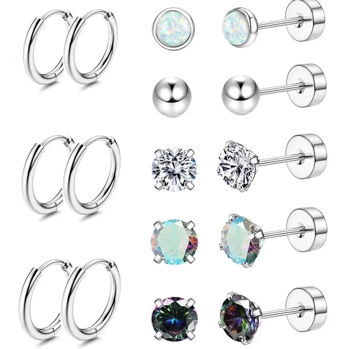 Oufer 16PCS Stainless Steel Earrings Pack with 8 Hoops and 10 Studs Gift For Valentine's Day