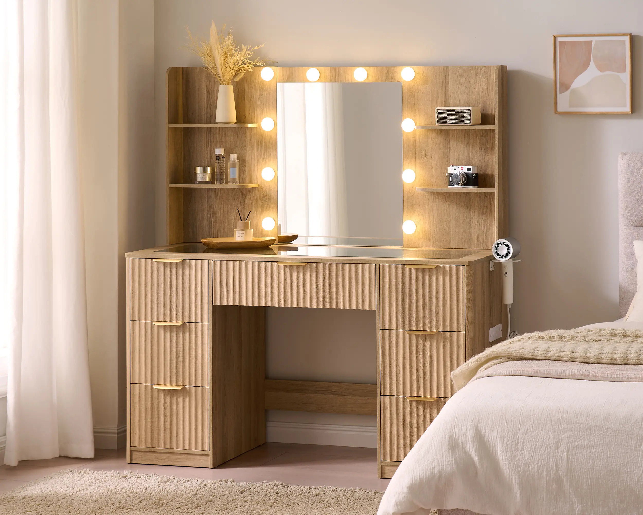 AMERLIFE 36.2/47.2" Fluted Vanity Desk with Mirror and Adjustable LED Lights, Large 4/7 Drawers Makeup Table with Glass Top and Charging Station for Women and Girls, Bedroom or Dorm/Best Gift Ideas/Christmas Gifts[tiktokshopbacktoschool][SohoChic]