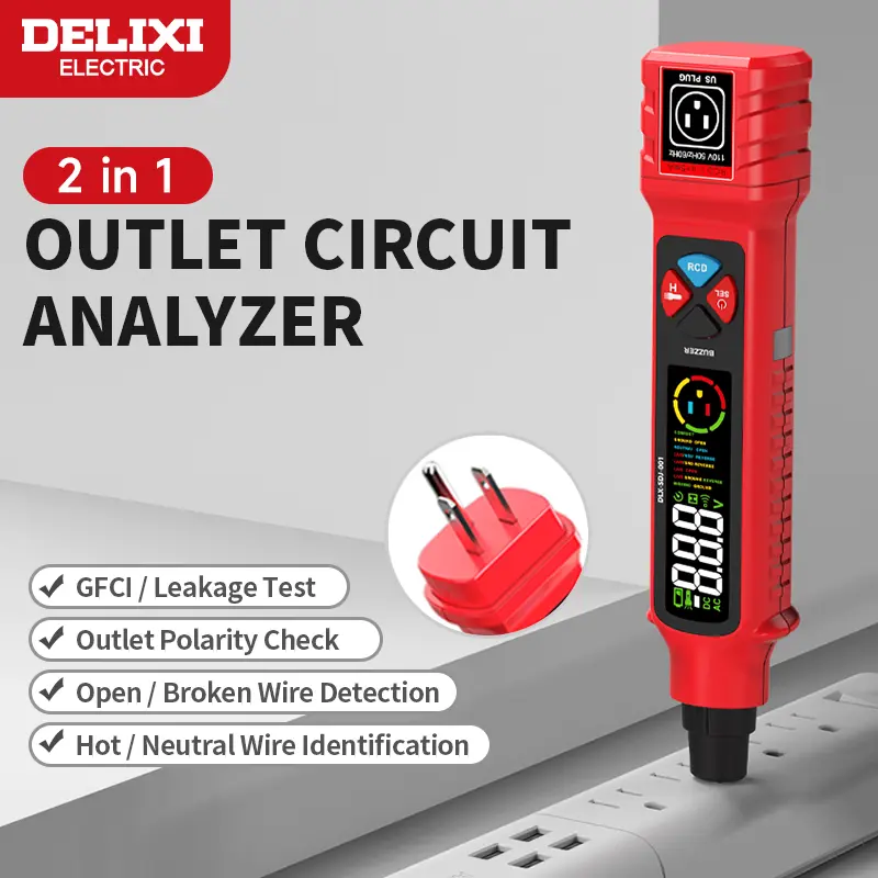 DELIXI 2 in 1 Outlet Circuit & Voltage Tester Pen, 2–440V AC Voltage Detector with Non-Contact Voltage Test, Integrated GFCI Outlet Tester & Polarity Check, LCD Display, Audible Alarm & Flashlight, AC Voltage Socket Checker, Wiring Fault Detector