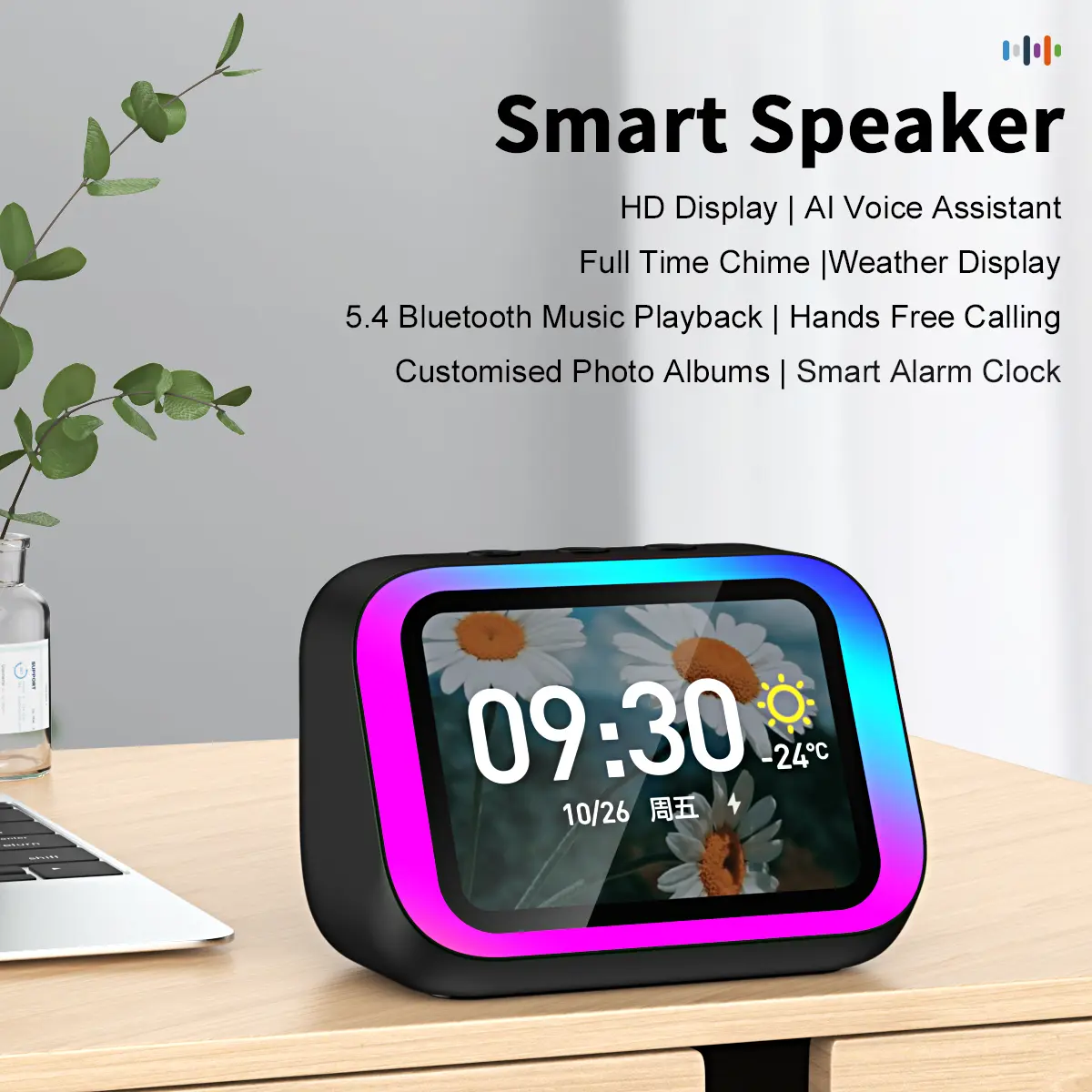 Multifunctional Alarm Clock TF26 - Large Screen LED Digital Clock, Bluetooth Decorative Smart Speaker, Temperature Display, APP Control, AI Voice Assistant, Customizable Home Decor for Bedroom, Office, Led Display Clock