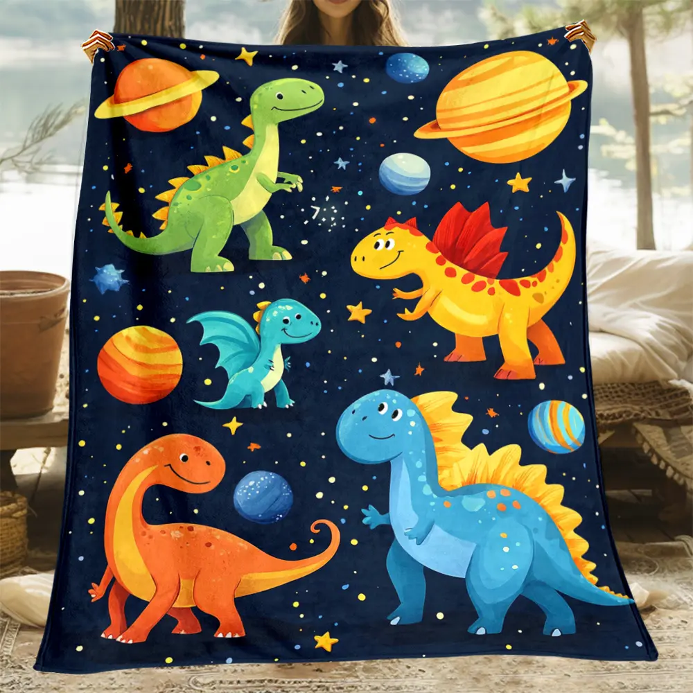 Dinosaur Themed Fleece Blanket - All-Season Chunky Knit Polyester Throw for Sofa, Bed, Travel - Soft Warm Flannel Fabric, Machine Washable, Uncharged - Ideal Gift for Family and Friends 075