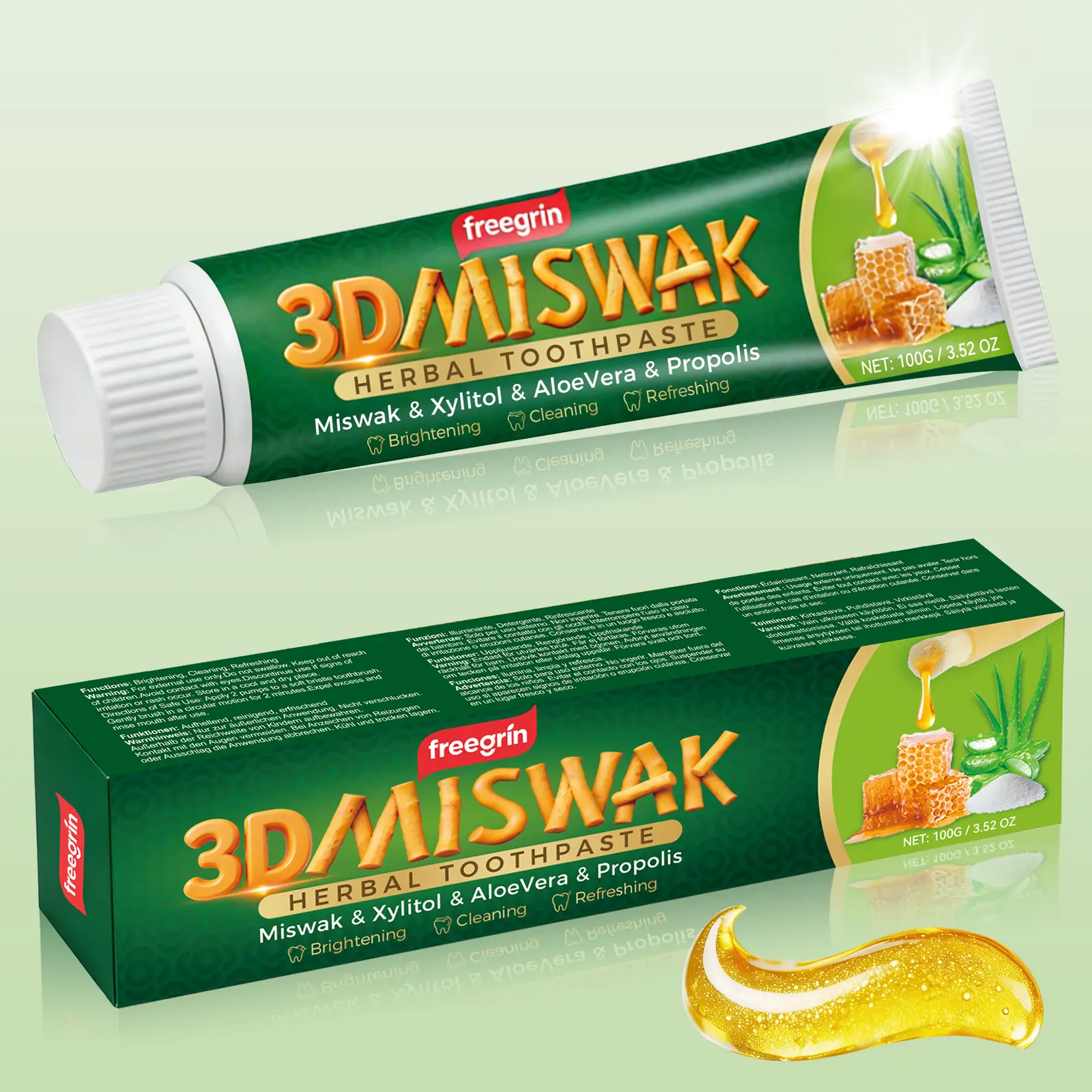 Freegrin 3D Miswak Herbal Toothpaste with Mint & Aloe Vera & Propolis for Brighter Smiles and Boosted Confidence