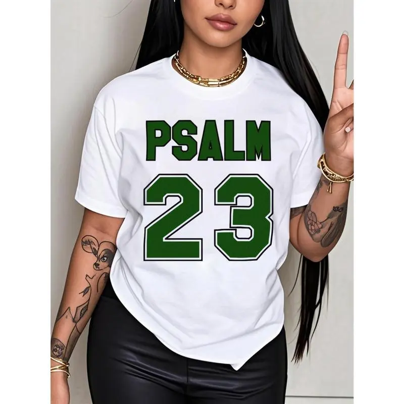 Women's Psalm 23 Jersey Premium T-Shirt - Casual short sleeve crew neck t-shirt with bold green lettering, soft and breathable fabric, perfect for holiday parties and gift giving