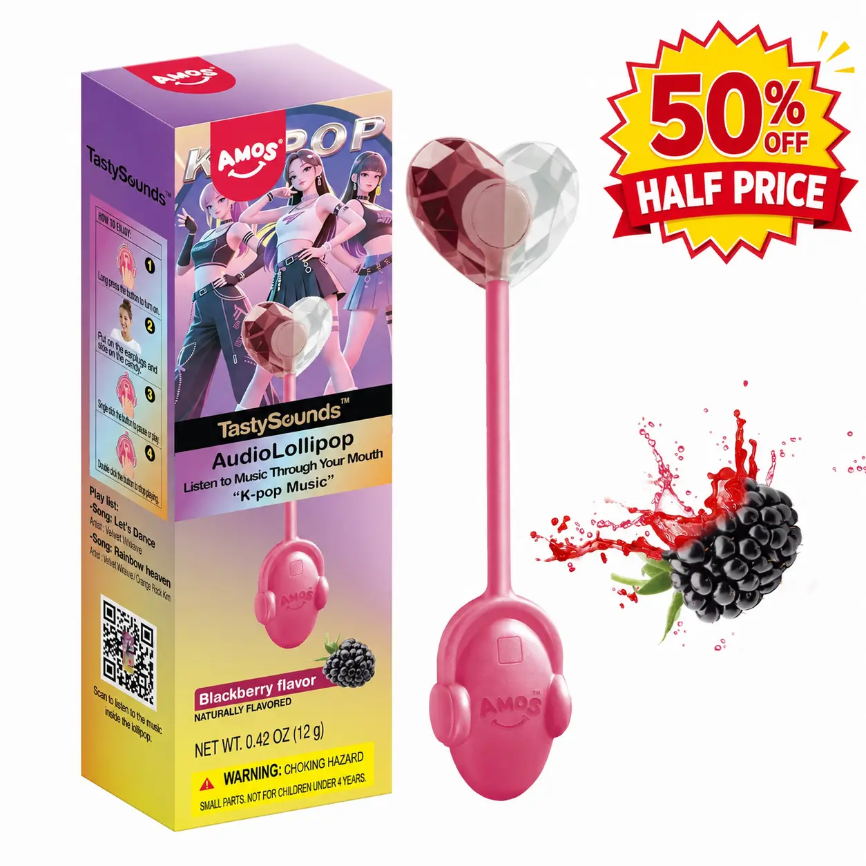 (50% off)Amos TastySounds Music Lollipops – Sugar-free heart-shaped candies with bone conduction music tech | K-pop inspired Strawberry, Blueberry, Watermelon, Blackberry Fallontonight lollipop star-1