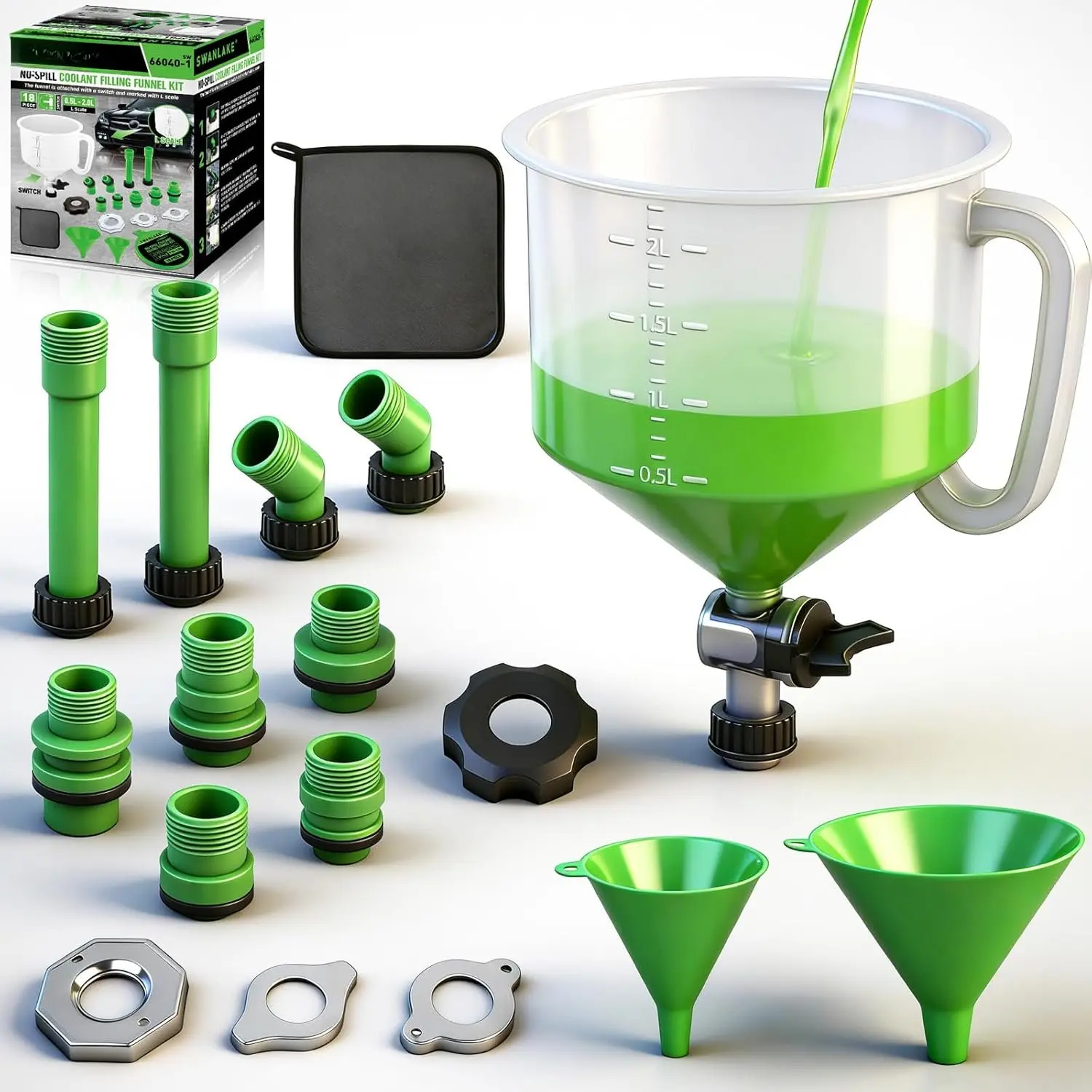 18- No-Spill Coolant Funnel Kit, Radiator Funnel Burping Tool, Coolant Bleeder Kit with Adapters, Universal Fitment for Automotive Cooling System