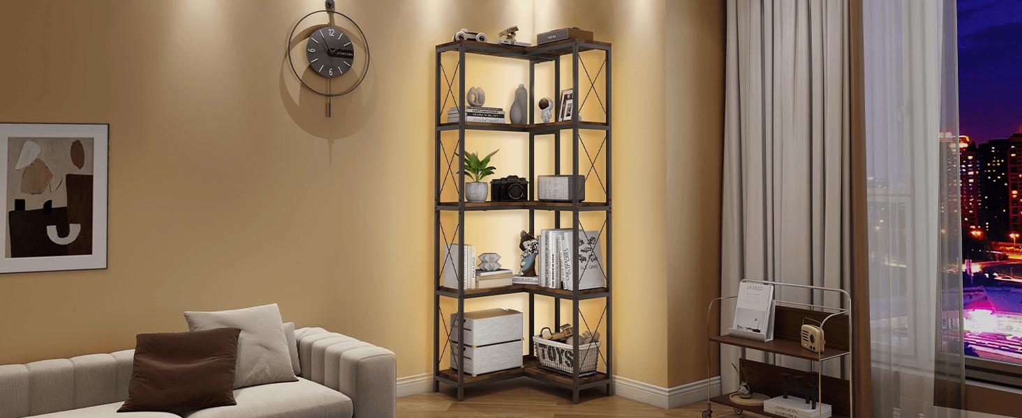 Corner Bookshelf, 5 Tier Industrial Style Design Corner Shelf with Metal Frame and Open Shelves for Living Room, Bedroom, Study, Black IF153 Corner Bookshelf, 5 Tier Industrial Style Design Corner Shelf with Metal Frame and Open Shelves for Living Room, Bedroom, Study, Black IF153