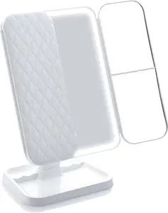 White, High-Definition Triple-Folding Lighted Makeup Mirror, Desk-Top Makeup Mirror with Light, High-Definition Mirror Finish with Storage Drawer Design