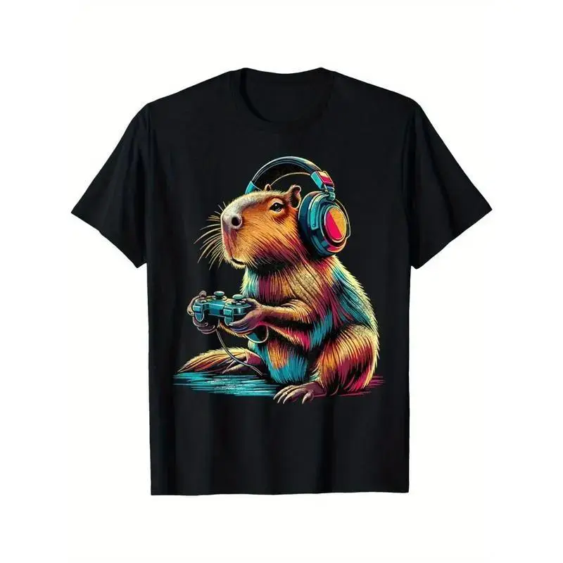 Capybara Funny Video Games Graphic T-Shirt - Short-Sleeve Ribbed Soft Sports Top for Gamers, Casual Streetwear Crewneck Made in USA