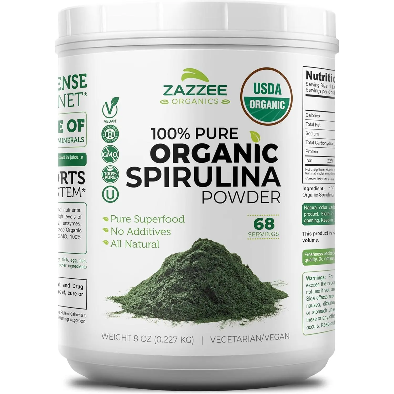 Zazzee USDA Organic Spirulina Powder - 100% Pure Green Superfood Powder for Wellness Regimen - Vegan Plant Based Protein Component for Smoothies and Juices - Non GMO Non Irradiated Kosher Certified Clean Formula - 8 Ounces Mess Free Wide Mouth Container