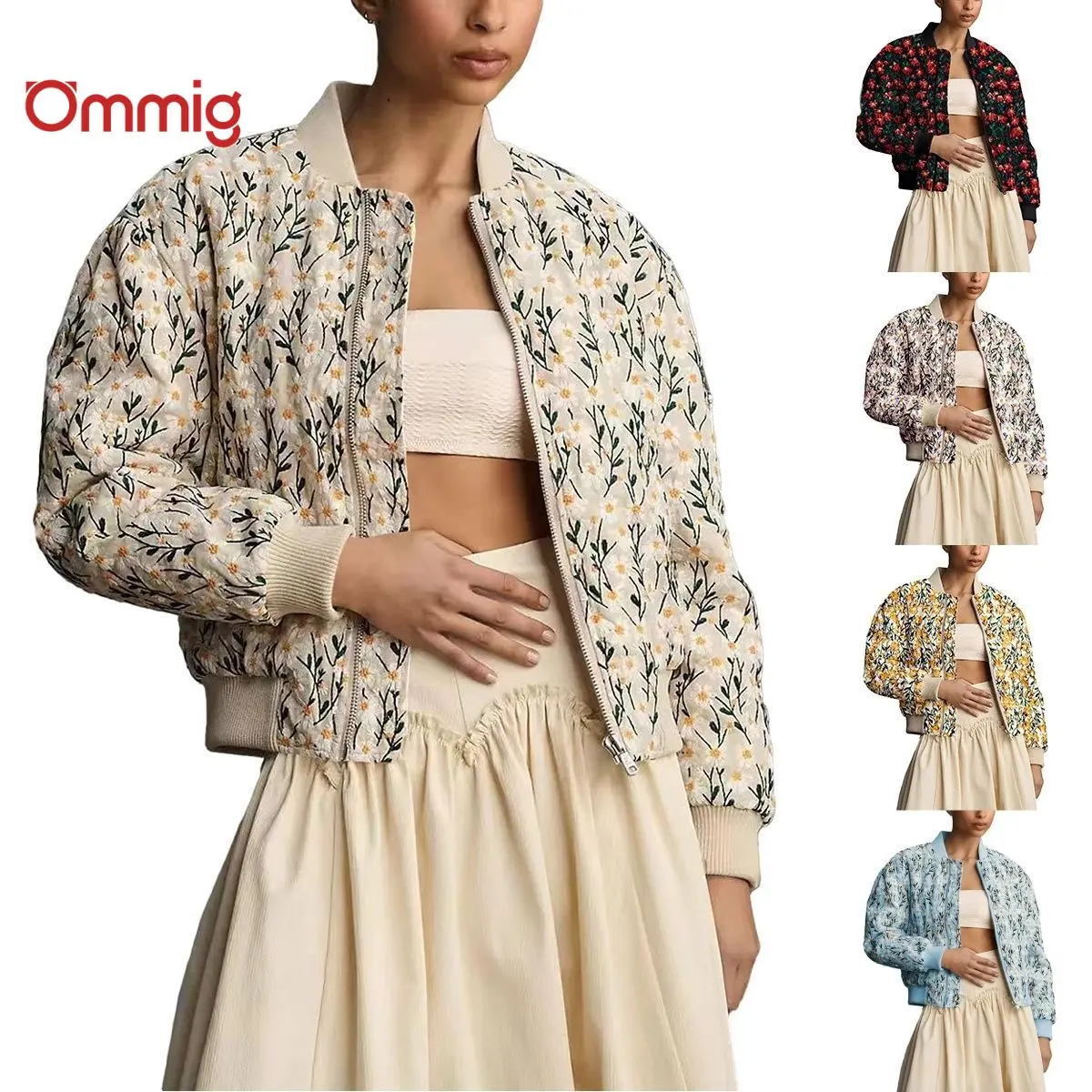 Ommig Women's Quilted Ramie Linen Bomber Jacket, Cropped Fit with Floral Embroidery, Collared Zip-Up Outerwear
