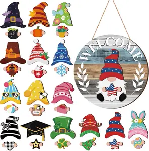 4th of July Gnome Decor Interchangeable Welcome Sign For Home Wooden Gnome Sign With Detachable Gnome Hats Magnet Wall Hanging For Home Door Graden Porch Independence Day Summer Party, Holiday Gnomes For All Season, Housewarming Gift