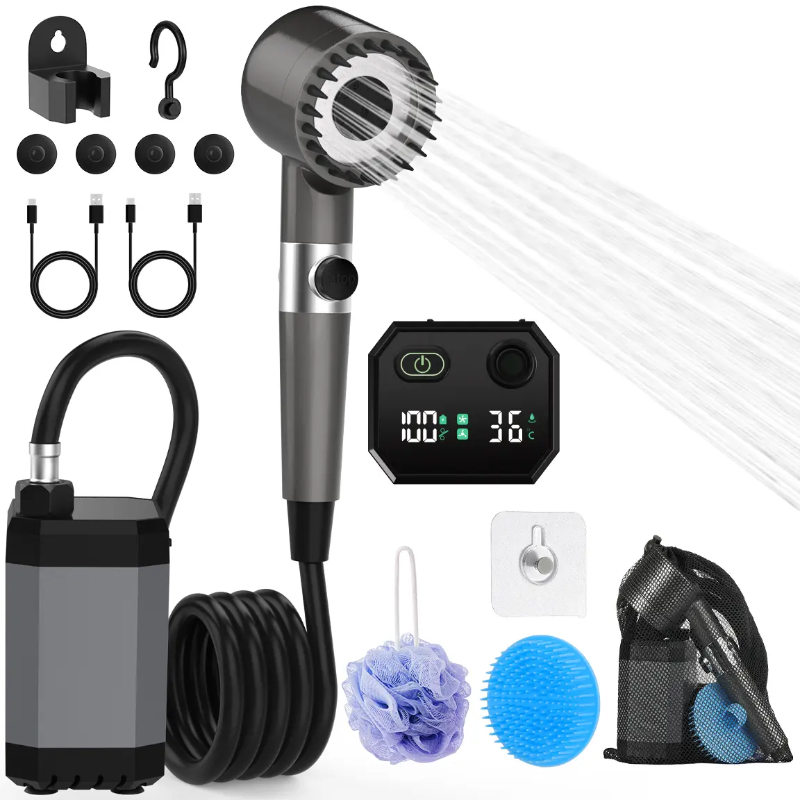 12000mAh Compact Rechargeable Portable Shower Head with LED Monitor, Battery Level & Water Temperature Display, Dual Mode Practical Camping Gear for Outdoor Camping, Pet Cleaning Travel Accessories