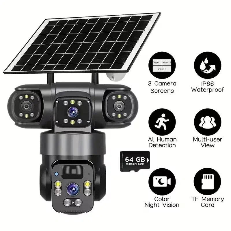 Mother's Day Gift:4K/8MP Solar-powered Security Camera | 8000mAh Battery, Color Night Vision, Triple-lens 360° Panoramic View, PIR Human Detection, Loop Recording, 2.4G WiFi App For Remote Real-time Viewing | Suitable For Farms, Gardens,