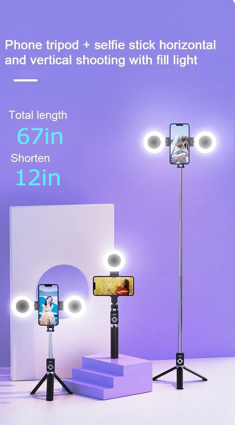 New 67'' Phone Tripod with Fill Light & Remote, Selfie Stick Tripod, Extendable Stand for iPhone 16/15/14/13/12 & Android, Stable, Portable Travel Accessory (Compatible with all iPhone & Android）