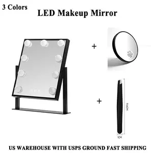 Hollywood Vanity Makeup Mirror 3 Color Lighting 9 LED Bulbs Touch Control Black and White with 30X magnifying glass and tweezers