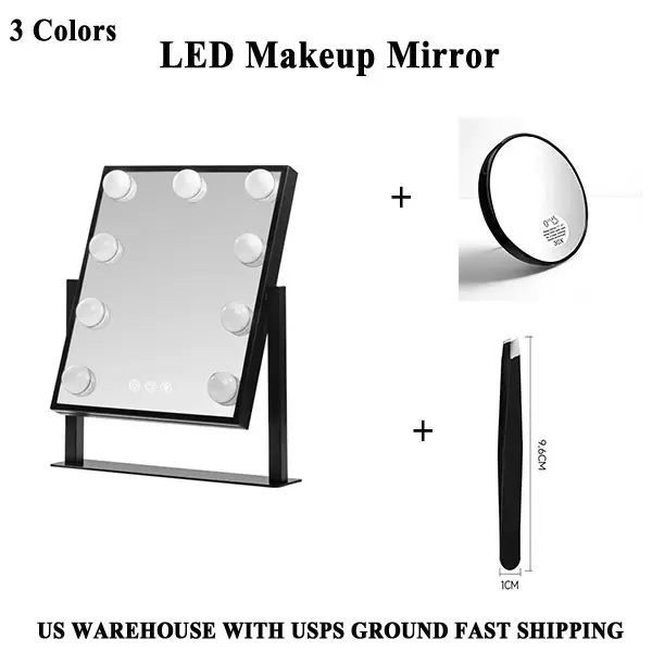 Hollywood Vanity Makeup Mirror 3 Color Lighting 9 LED Bulbs Touch Control Black and White with 30X magnifying glass and tweezers