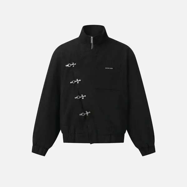 Aelfric Eden Metal Button Boxy Jacket Black Long Sleeve Stand Collar Slant Placket Unisex Fashion Street Jacket Retro Y2K,clothes for back to school,first day of school outfits