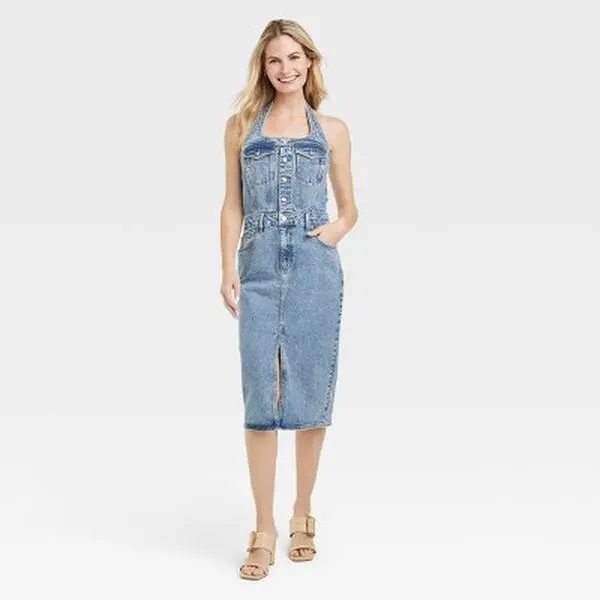 Universal Thread Women's Casual Denim Halter Midi Dress - 1-Piece Strappy Stretch Cotton Spandex Button-Down Summer Dress with Front Slit, Pockets