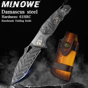 Handmade men’s Damascus steel pocket folding knife with a pocket clip and leather sheath, wooden handle—ideal for fishing, exploration, mountaineering, travel, hiking, and camping.