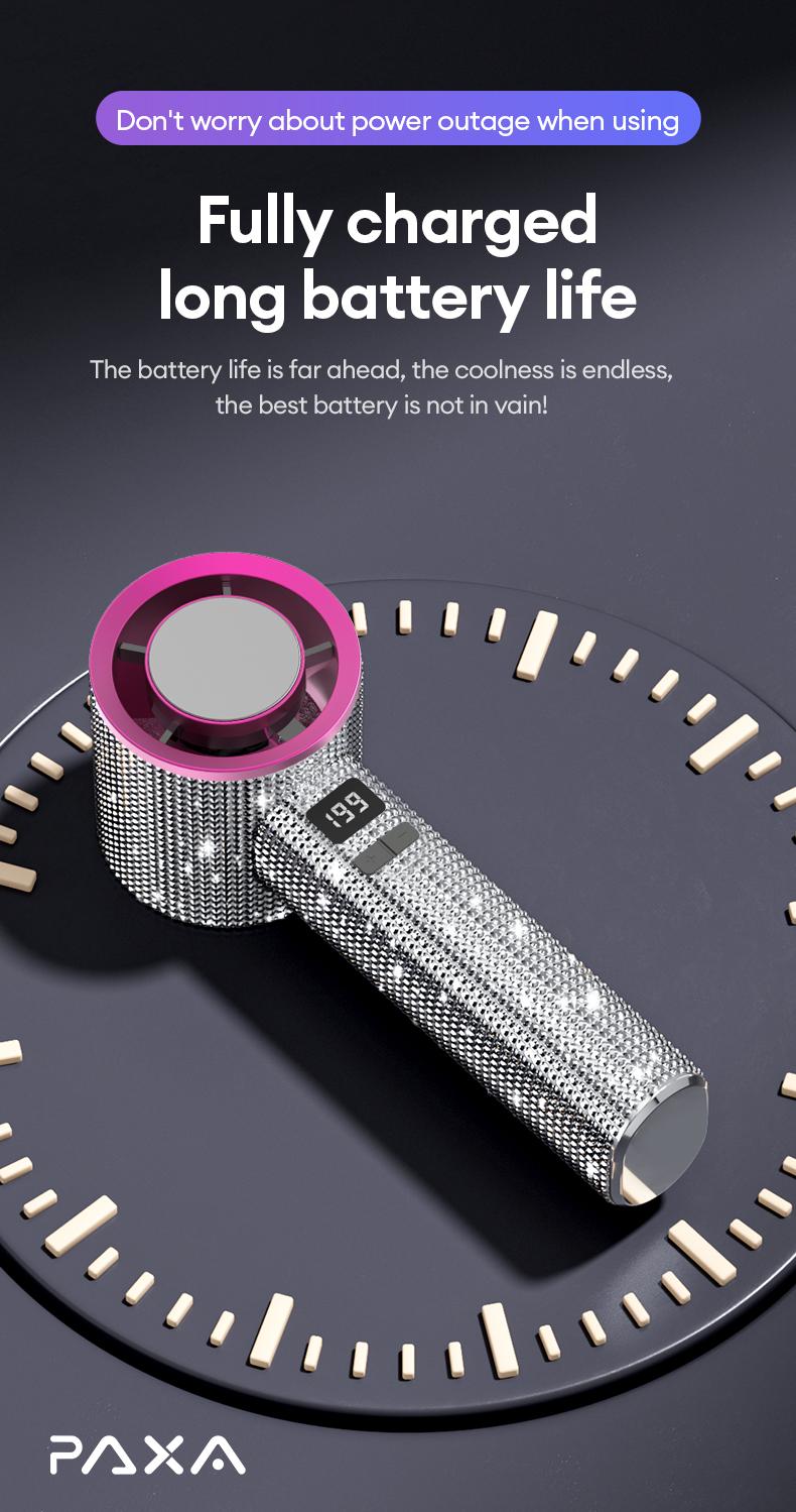 PAXA M15 Full Diamond Luxury Craftsmanship Portable Handheld Turbo Fan, 3 Gear Wind, Rechargeable Long Battery Life Hand Fan With Digital Display For Outdoor Activities, Travel, Office, Wonmen's gift