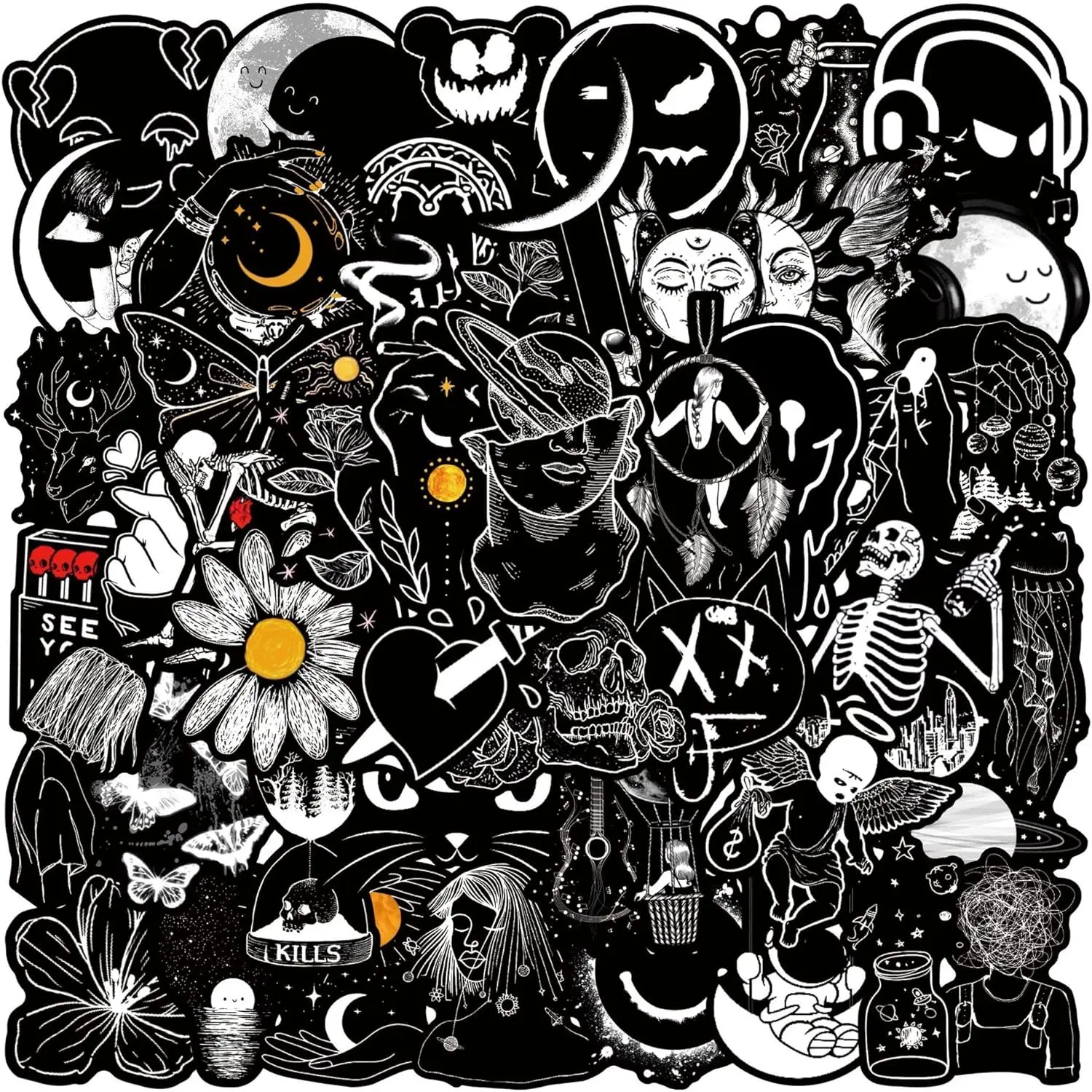 50pcs Gothic Stickers Pack, Black and White Skull Stickers for Water Bottle Laptop Luggage Skateboard Planner Scrapbooking, Waterproof Vinyl Horror Decals for Teens Adults (Black-A)