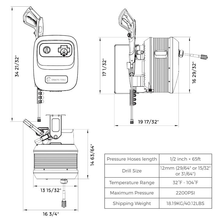 Giraffe Tools Grandfalls G20 Pro Pressure Washer 2400 PSI 2.0 GPM with 65FT Hose Reel 4 Nozzles 180° Swivel Bracket for Car Patios and More