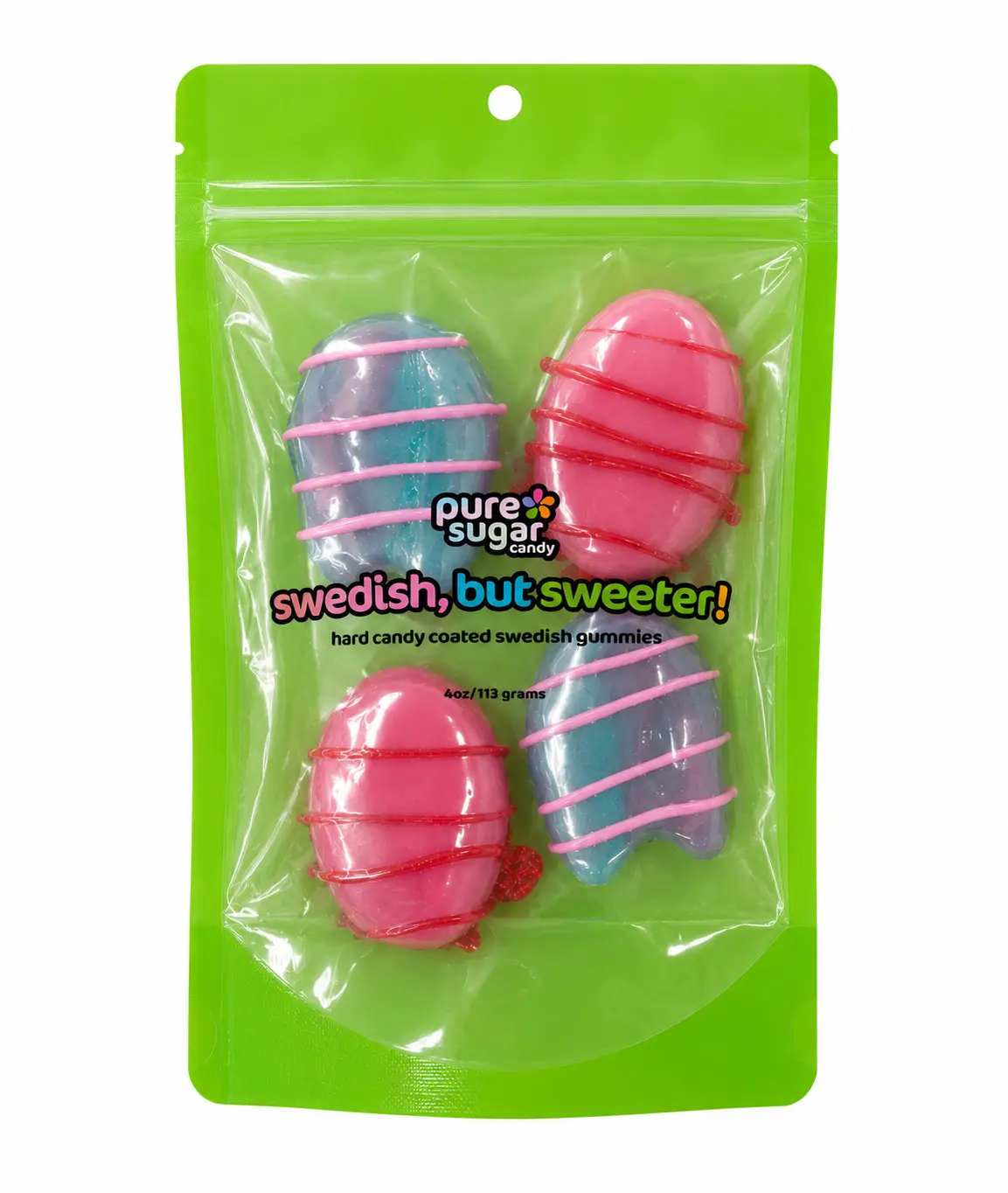Swedish, But Sweeter! HARD CANDY COATED Swedish Gummies - DIZZY SKULL W/ BLUE RASPBERRY COATING, STRAWBERRY/POMEGRANATE OVAL WITH STRAWBERRY CANDY COATING, TUTTI FRUTTI ROMB WITH LEMON CANDY COATING, BANANA CARAMEL OVAL WITH BANANA CANDY COATING Bonbon Bi