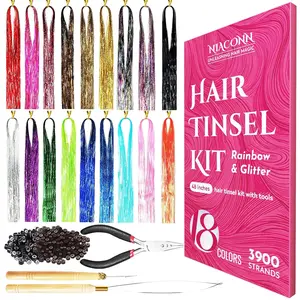 NIACONN Glitter Hair Tinsel Extensions Kit 18 Colors with Tools and Beads, 48 Inch Sparkly Fairy Colorful Tensile Strands Shiny Hair Accessories for Women Girls Kids