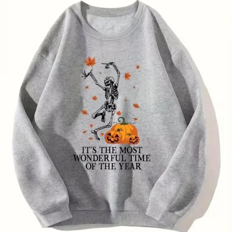 1pc of Women'S Casual Crew Neck Sweater Featuring a Halloween Graphic That Says 'It'S The Most Wonderful Time of The Year', a Long Sleeve Pullover Suitable for Autumn And Winter, in a Grey Design