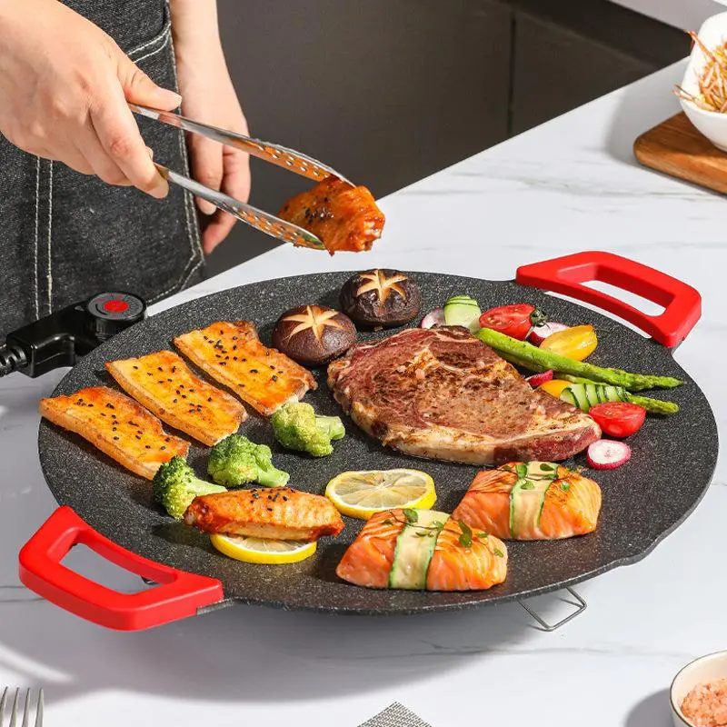 Electric Smokeless Portable Tabletop Round Barbecue Grill - Nonstick Maifan Stone Universal Griddle Plate, Multifunctional Indoor Family Cooking Grills Pan, Tabletop Grill
