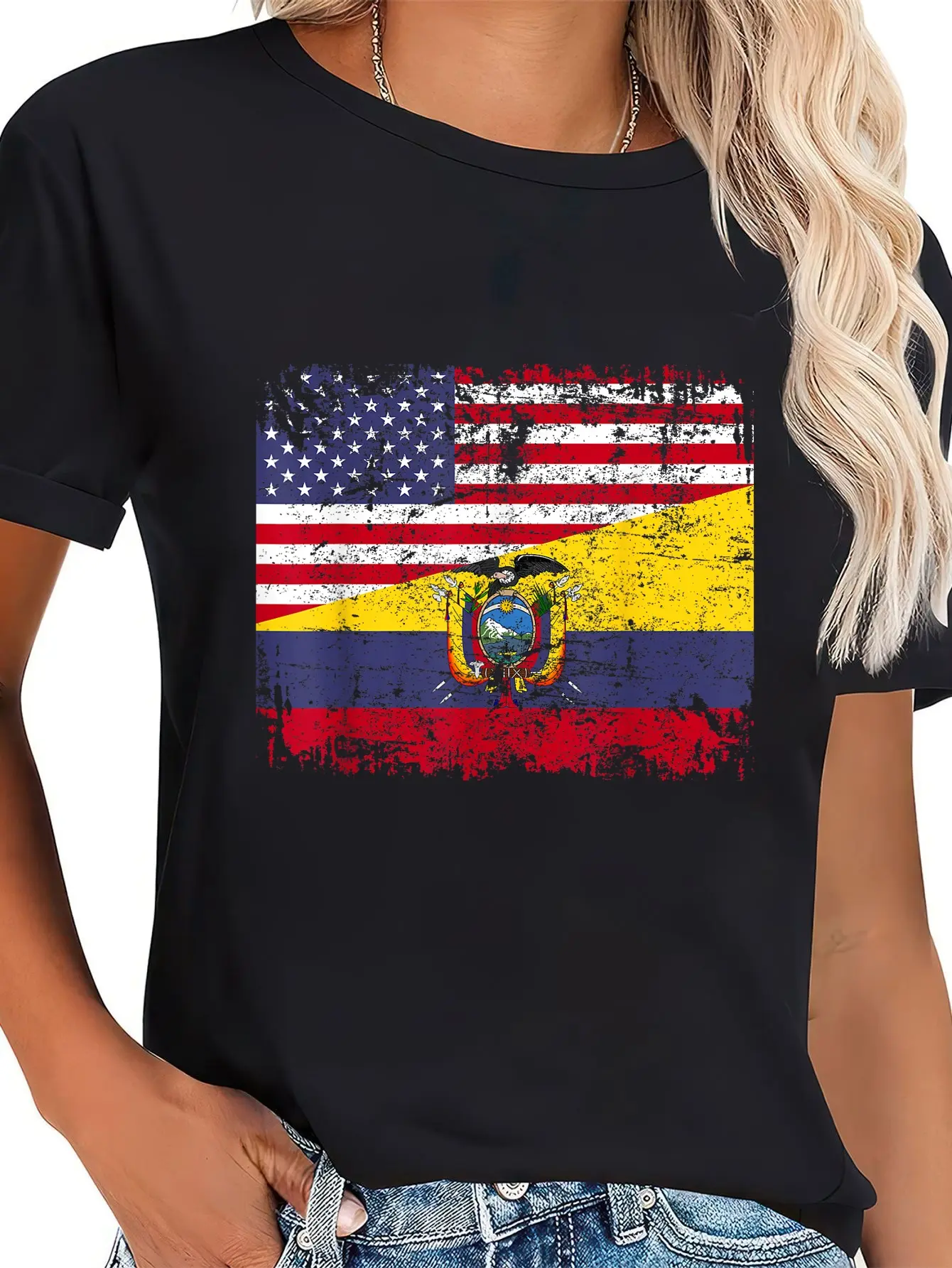 Women's Retro 100% Cotton Short-Sleeves Everyday T-Shirt, Distressed Round Neck, Funny Ecuador Roots USA-Ecuador Flag Print, Washed Casual Streetwear, Wide Range of Sizes