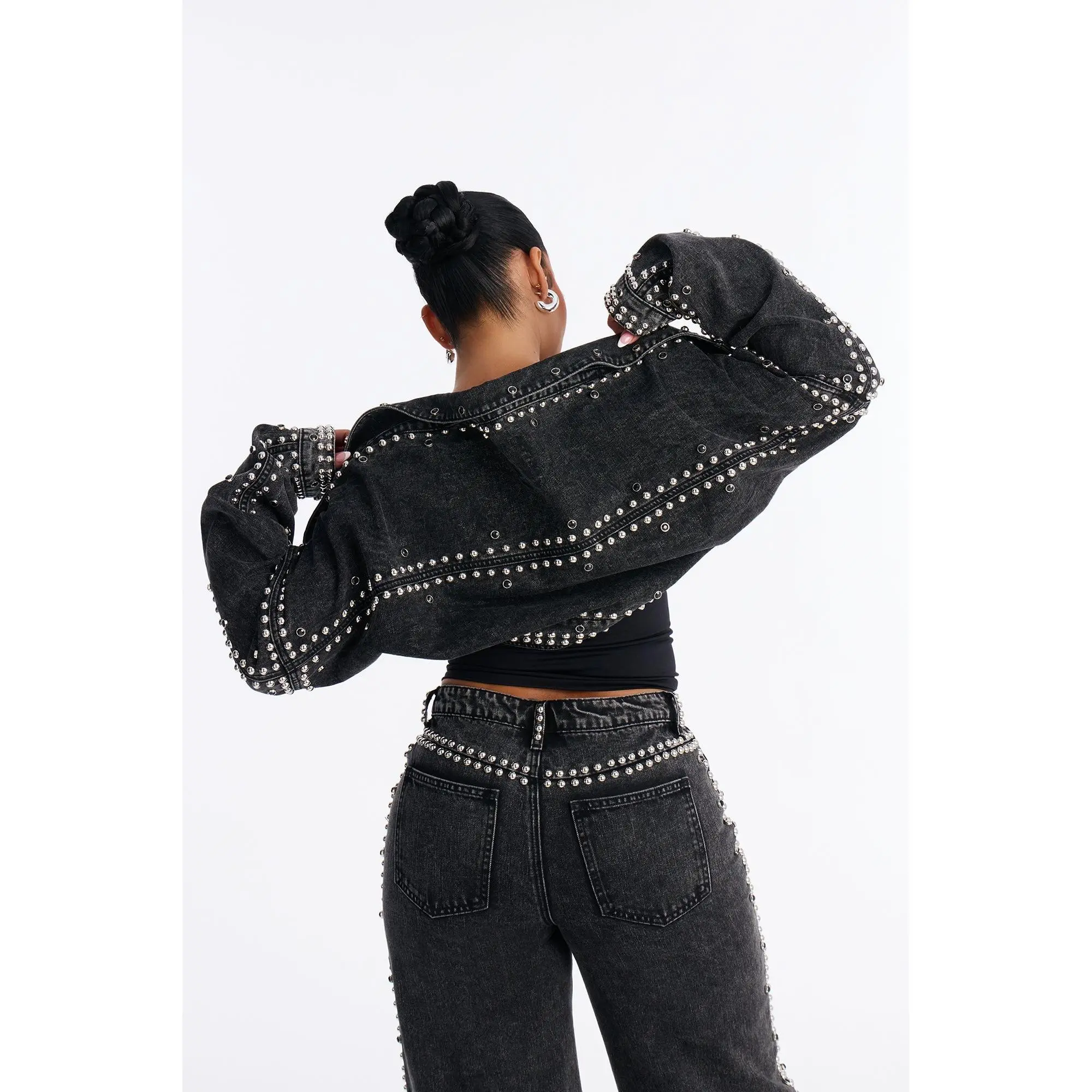 Hollywood Studded Denim Jacket - Black Wash