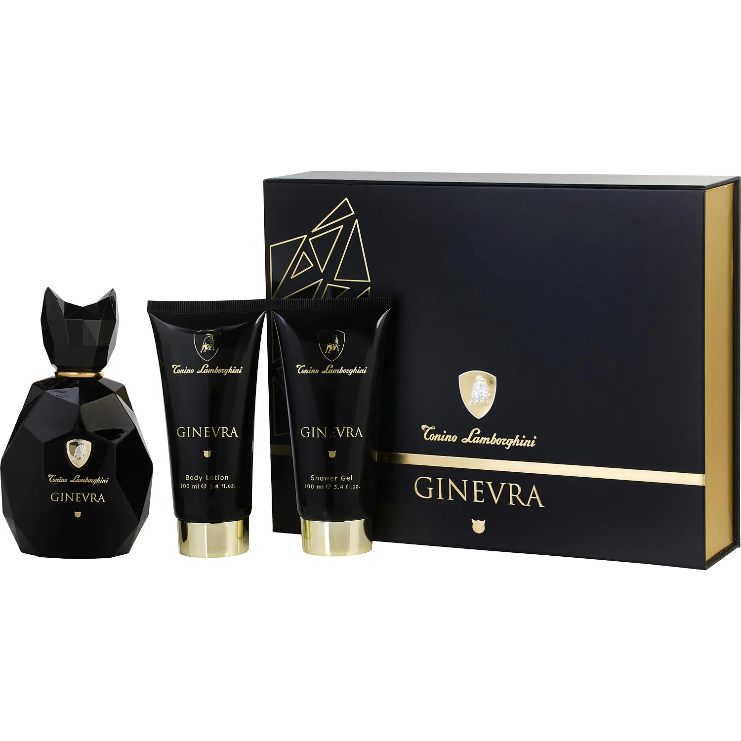 Lamborghini Ginevra Black Panther Set-Eau De Parfum Spray 3.4 Oz & Body Lotion 3.4 Oz & Shower Gel 3.4 Oz For Men
