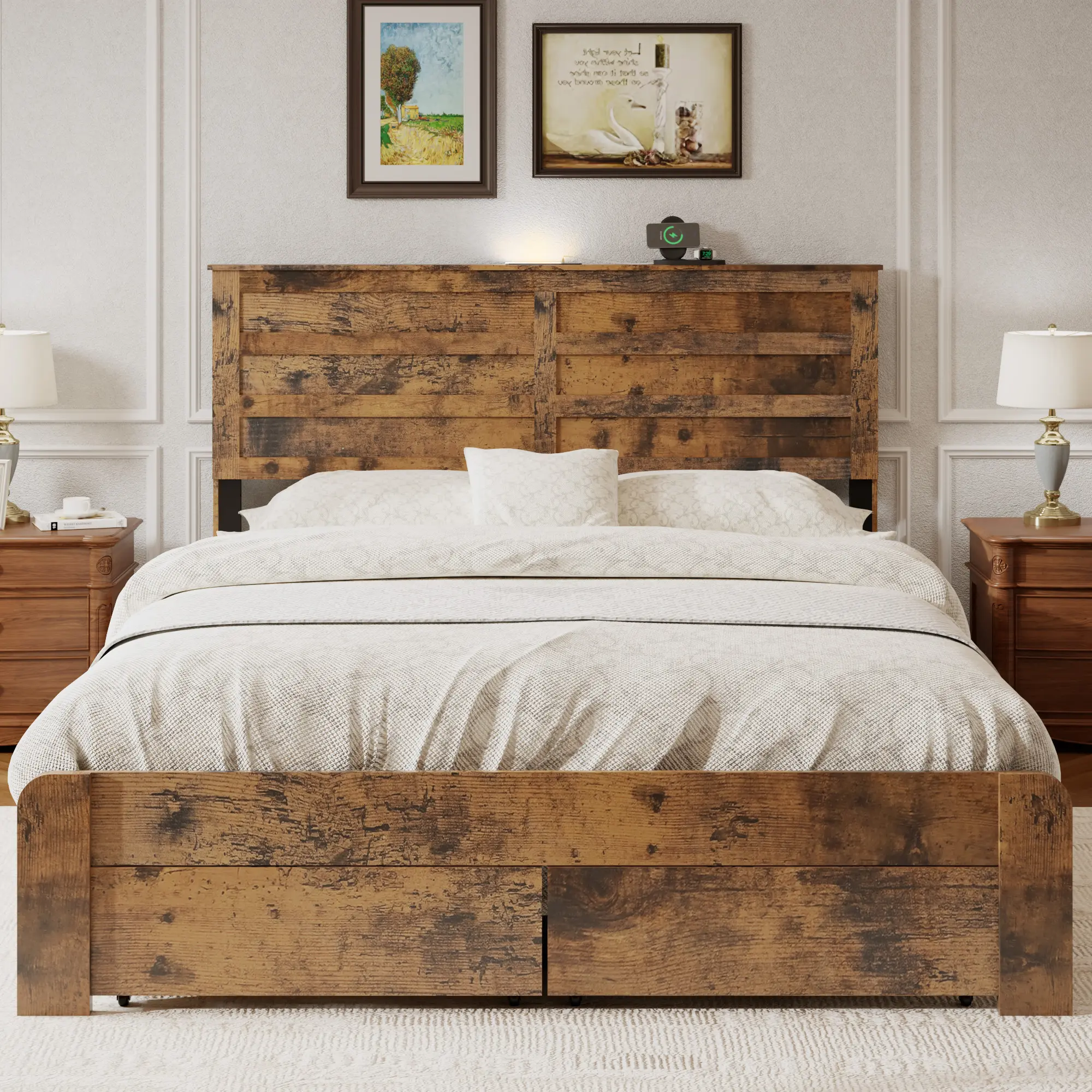 Dark Brown Weathered Wood & Metal Full/Queen Platform Storage Bed Frame with Rectangular Headboard, USB Charging Station, 2 Drawers, 600-1000 lbs Capacity, Rustic Home Decor Fit, Space-Saving, Easy Setup (Assembly Required)