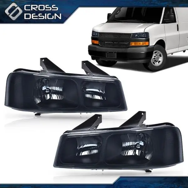 CROSSDESIGN Pair of Smoke-Chrome Headlights with Chrome Housing, High Quality Materials & High Quality Product, Direct Pricing by the Factory, Fit for 2003-2019 Chevy Express GMC Savana Van
