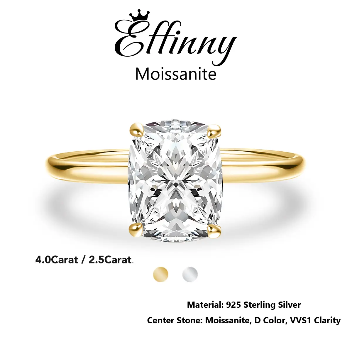 Effinny Synthetic Moissanite 4.0/2.5 Carat Elongated 14K Yellow Gold Plated Excellent Cushion Cut Solitaire Engagement Ring, 925 Sterling Silver Promise Ring No Tarnish, D Color VVS1 Jewelry for Women, Wedding