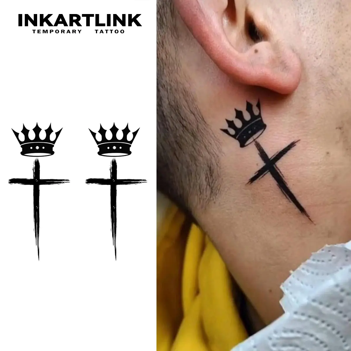 INKARTLINK Semi-Permanent Temporary Tattoos, Waterproof Crown and Cross Tattoo Art, Long Lasting Sticker Designs for Men - 2 Sheets, Fake Tattoos