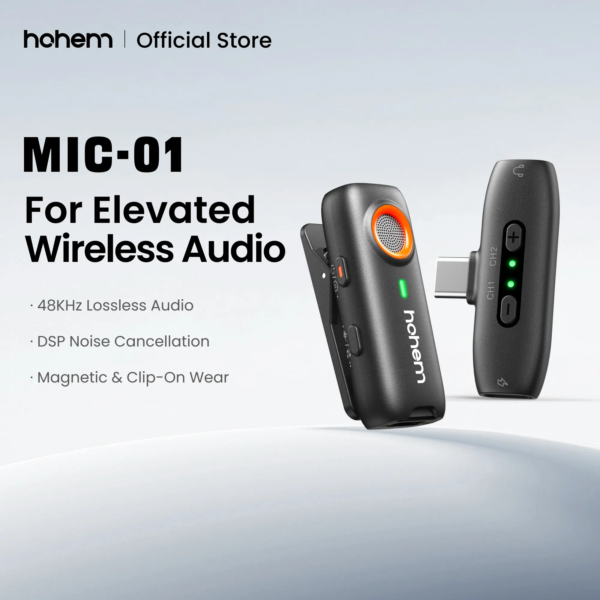 hohem MIC-01 Wireless Lavalier Microphone, DSP Noise Cancellation, 20-Hours Battery, Wireless Mircophone for Android, PC, Camera, Interview, Vlogs (1 TX + 1 RX ), Perfect with hohem iSteady M6/iSteady MT2/iSteady Mobile+ Audio  Microphone