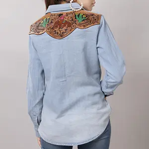 American Darling Genuine leather Hand tooled carved Women 100% cotton Denim Blazer dress jacket ladies |Vintage
